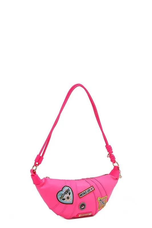 Nicole Lee USA Patch Croissant Bag - Small Vegan Leather Shoulder Bag with Travel-Inspired Embroidered Patches