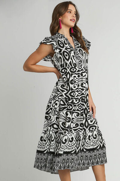 Two Tone Border Print Ruffle Cap Sleeve Midi Dress Trendsi