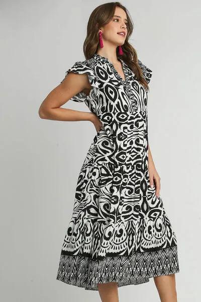 Two Tone Border Print Ruffle Cap Sleeve Midi Dress