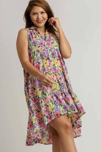 High-Low Hem Multicolor Floral Sleeveless Tiered Dress - Perfect for Summer Days