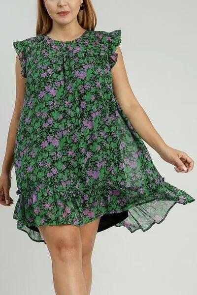 Smocked Detail Floral Metallic Ruffle Cap Sleeve Dress