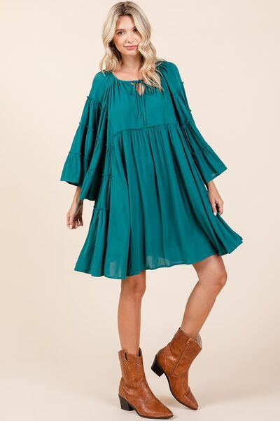 Teal Color Frill Tie Neck Bell Sleeve Dress That Screams Effortless Chic Trendsi