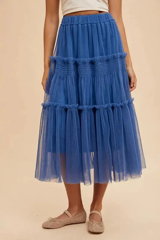 Royal Blue Tulle Midi Skirt – Tiered Mesh, Frill Detail, Lined Jewelry Bubble