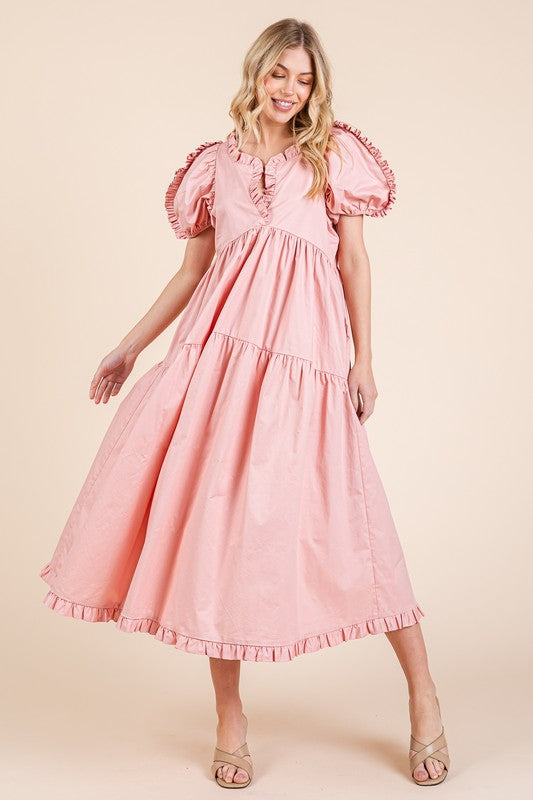 GeeGee Ruffle Trim Puff Sleeve Tiered Babydoll Midi Dress Trendsi