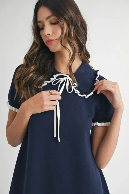 Ruffle Trimmed Collar Fine Knit Mini Dress – Sophisticated & Chic