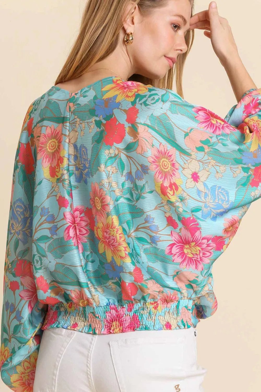 Floral V-Neck Blouse: Smocked Back Hem for Effortless Style