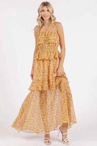 Flowy and Feminine: Ruffled Smocked Floral Halter Neck Maxi Dress