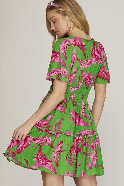 Printed Frill Tiered Dress with Notched Sleeves – Trendy and Timeless Trendsi