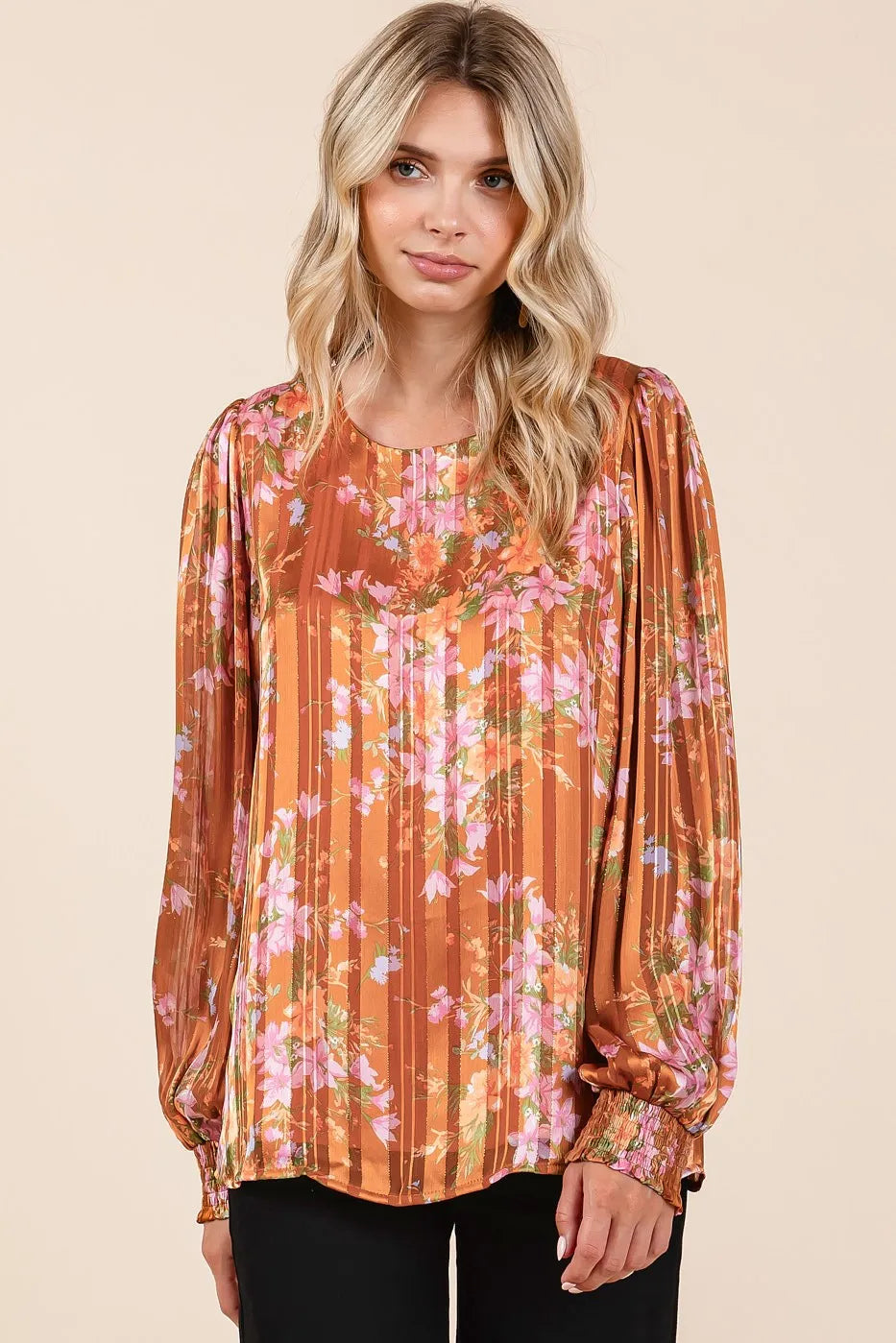 Satin Gold Lurex Striped Chiffon Top – Shimmery Long Sleeve Elegance Jewelry Bubble