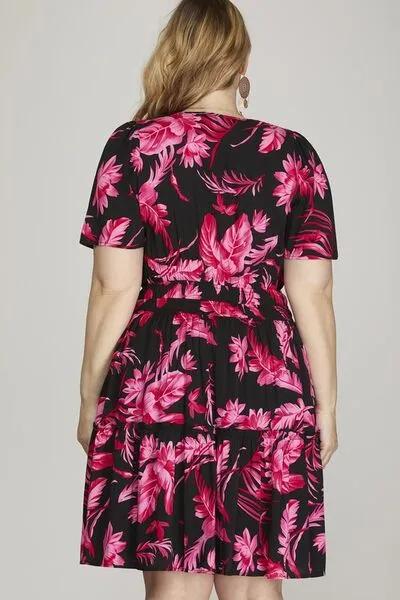 Printed Notched Short Sleeve Frill Tiered Black Dress - Effortless in Style
