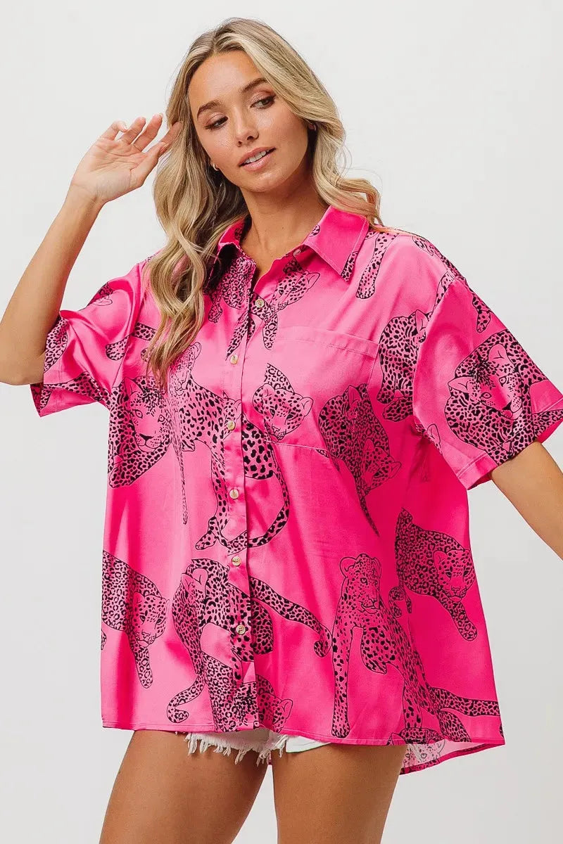 Fuchsia Leopard Print Satin Shirt Top – Trendy Women’s Fashion Statement