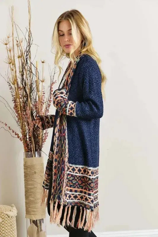 Fringe Hem Aztec Border Cardigan – Boho Chic Statement Layer for Women