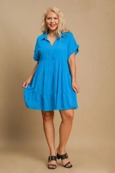 Raw Hem Folded Sleeve Tiered Blue Dress – Shop This Must-Have 2025 Trend