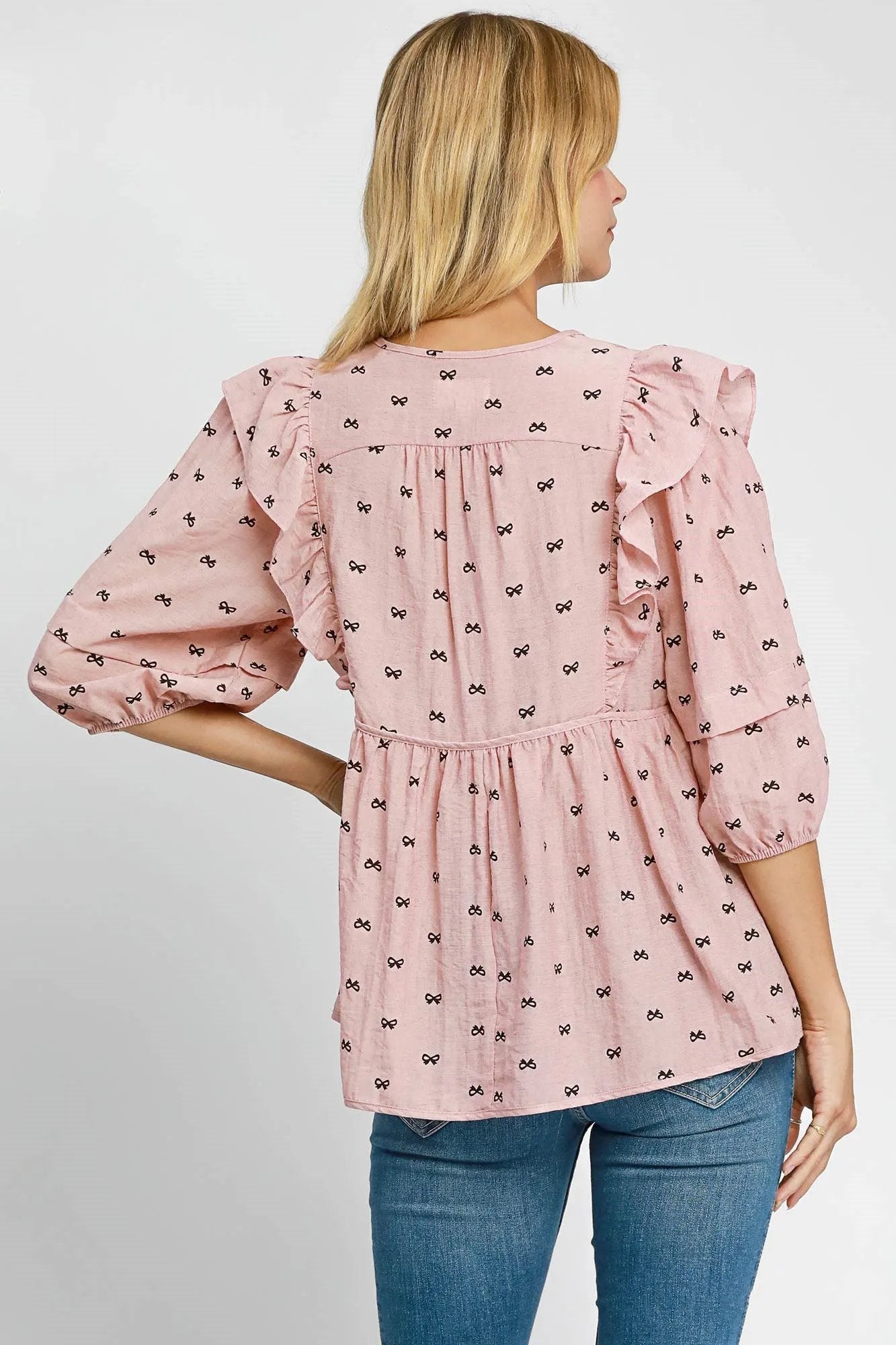 Ruffled Bow Print Tie Neck Peplum Blouse | Summer Women's Fashion