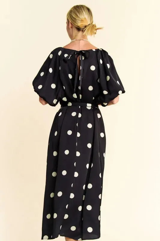 Polka Dot Puff Sleeve Waist Tie Midi Dress – A Timeless Feminine Staple