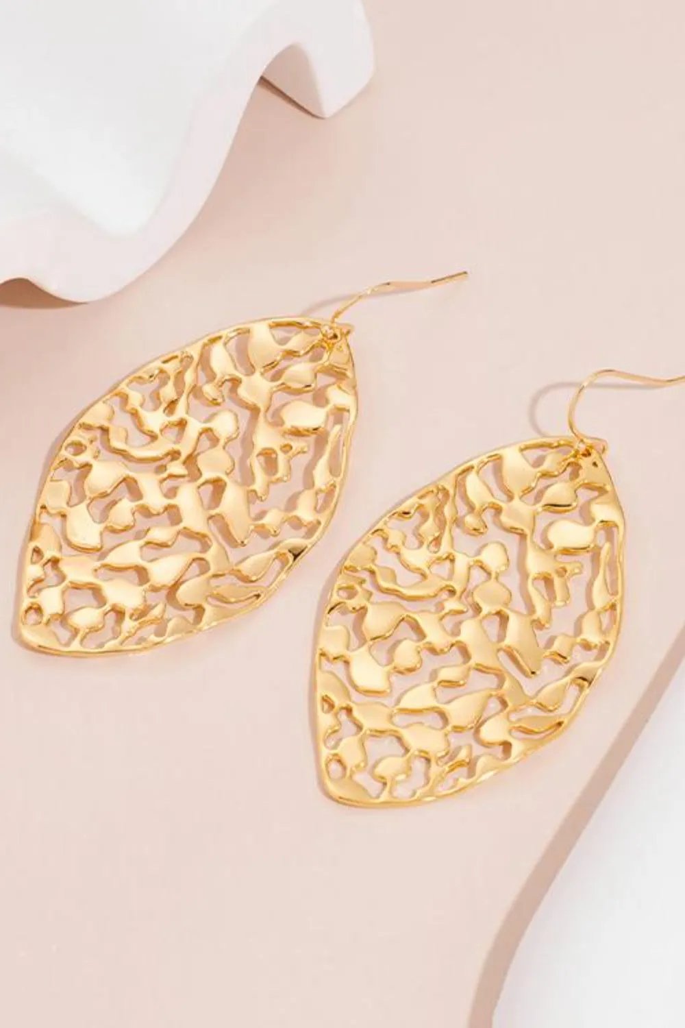 Gold-Plated Leaf Dangle Earrings - Intricate Cutout Design
