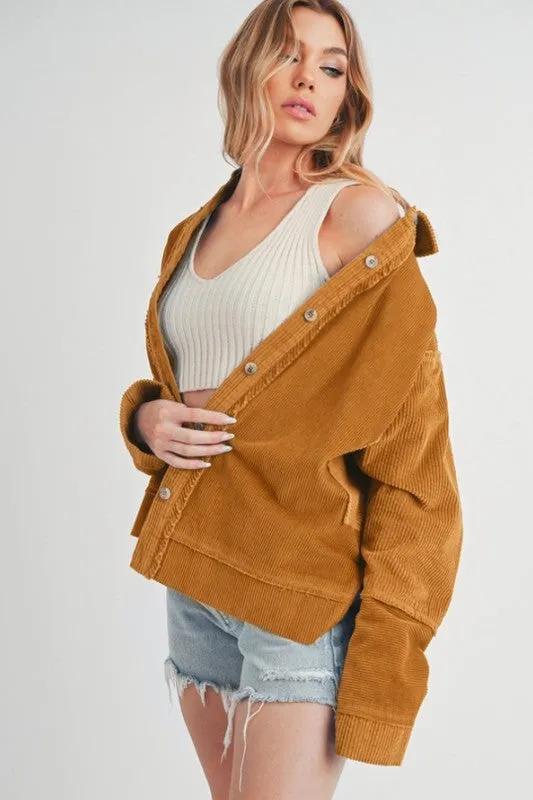 Women's Side Slit Exposed Seam Button Up Corduroy Jacket