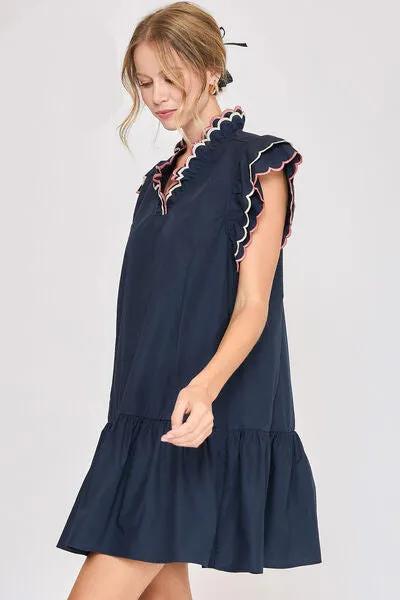 Ruffled Scalloped Sleeved Dark Navy Dress - Timeless Elegance