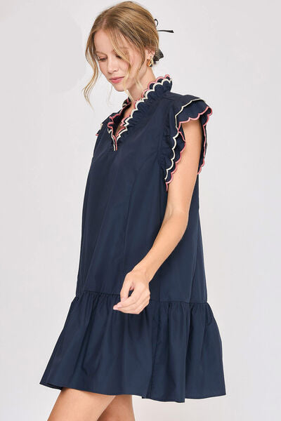 Ruffled Scalloped Sleeved Dark Navy Dress - Timeless Elegance Trendsi