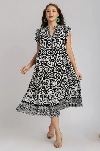 Two Tone Border Print Ruffle Cap Sleeve Midi Dress