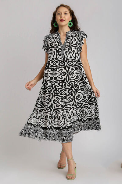 Two Tone Border Print Ruffle Cap Sleeve Midi Dress Trendsi