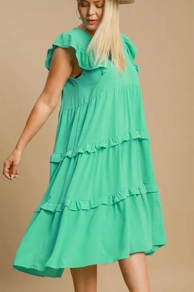 Ruffle Tiered Cap Sleeve Midi Dress