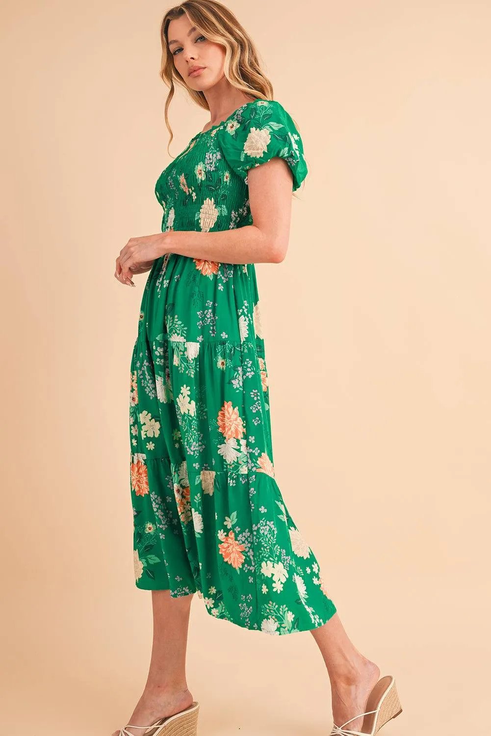 Green Floral Print Smocked Tiered Midi Dress with Bubble Sleeves – 100% Viscose