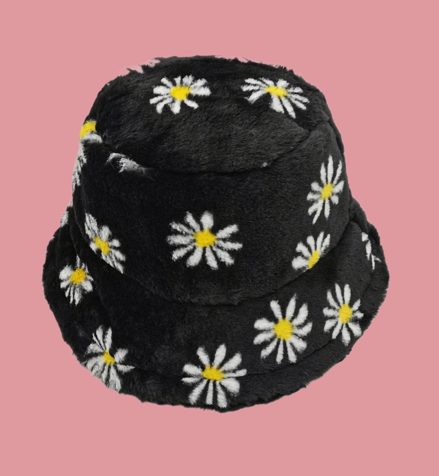 Black Floral Faux Fur Winter Bucket Hat