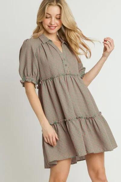 Plaid Frill Button Detail Ruffled Short Sleeve Dress