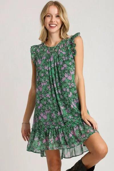 Smocked Detail Floral Metallic Ruffle Cap Sleeve Dress