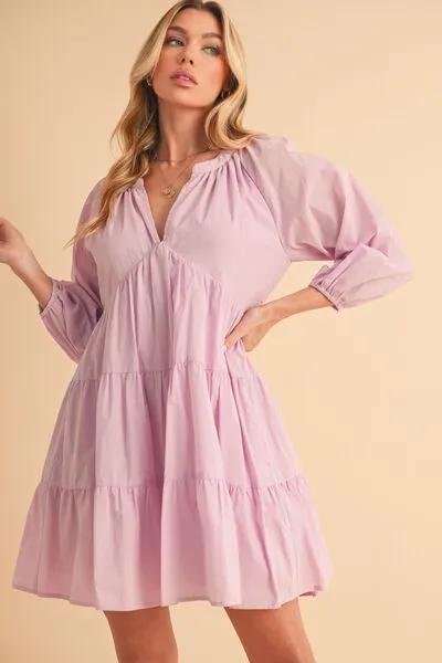 Lilac Notched Balloon Sleeve Tiered Mini Dress