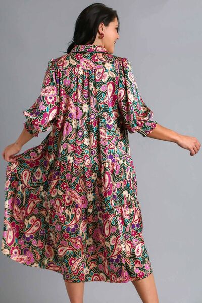 Paisley Print Satin Tiered Midi Dress Trendsi