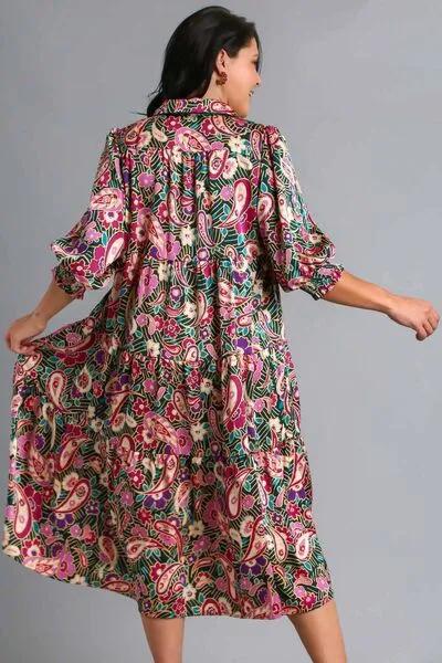 Paisley Print Satin Tiered Midi Dress
