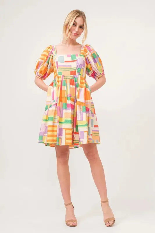 Square Neck Puff Sleeve Geo Printed Mini Dress – Bold, Modern Statement Style