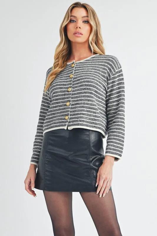 Striped Button Down Round Neck Cardigan