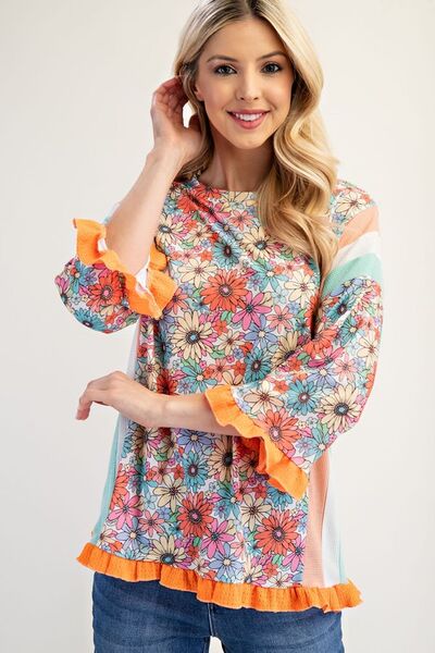 Ruffle Sleeve Floral Color Block Top Trendsi