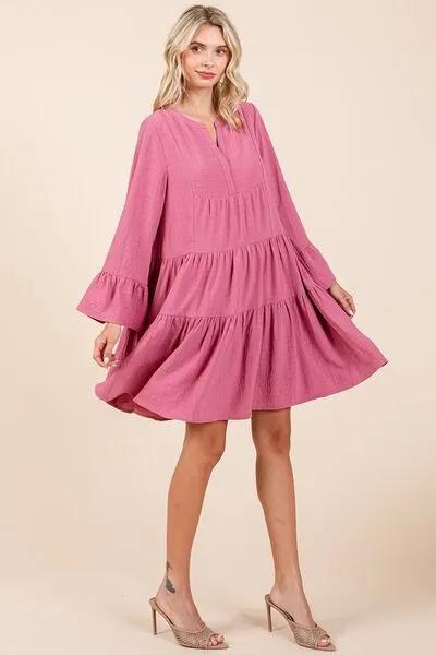 Rose Color Tiered Notched Flare Sleeve Dress