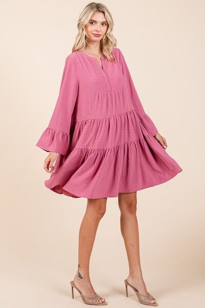 Rose Color Tiered Notched Flare Sleeve Dress Trendsi