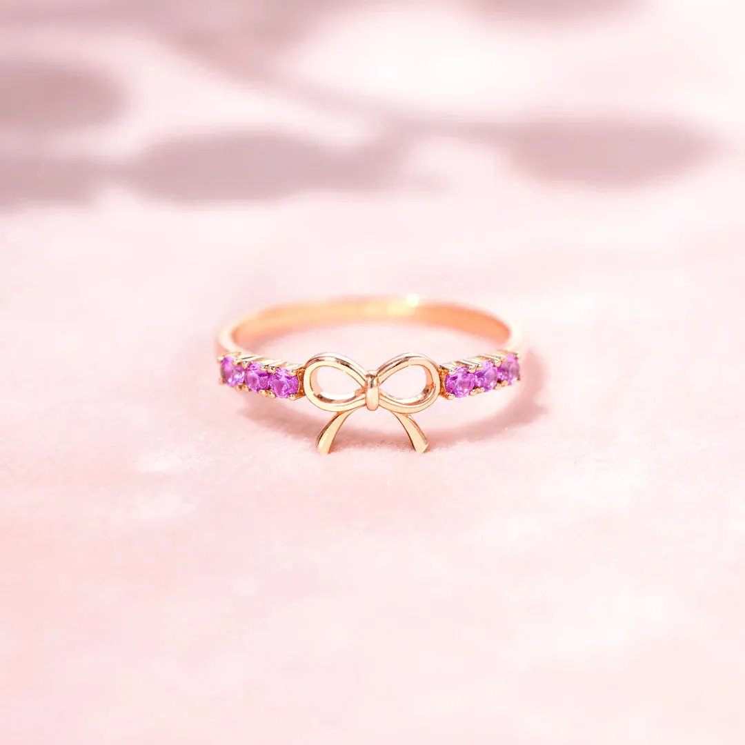 18K Rose Gold Plated Bow Ring with Hot Pink Cubic Zirconia - 925 Sterling Silver Dainty Promise Ring