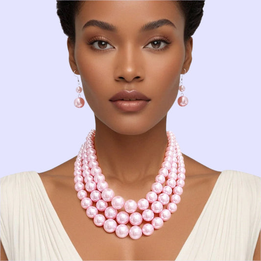 3-Strand Graduated Acrylic Pink Pearl Necklace with Matching Earrings Set Jewelry Bubble