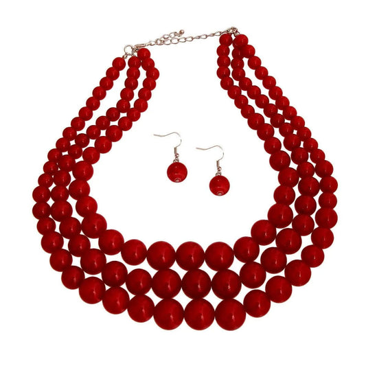 3-Strand Red Pearl Beaded Nested Necklace Set Jewelry Bubble