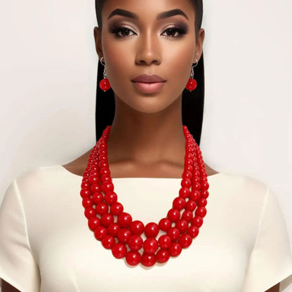 3-Strand Red Pearl Beaded Nested Necklace Set Jewelry Bubble