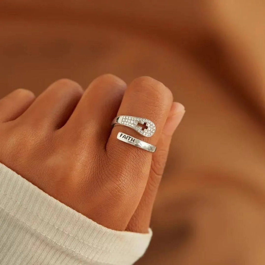 Sterling Silver Faith Cross Ring - Adjustable Dainty Christian Jewelry Micro Zircon Inlay