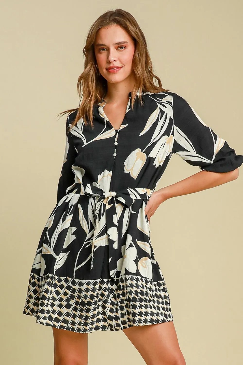 Floral Print Notched Tie Waist Black Mini Dress for Spring Occasions