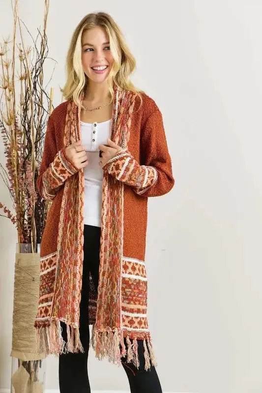 Fringe Hem Aztec Border Cardigan – Boho Chic Statement Layer for Cozy Style