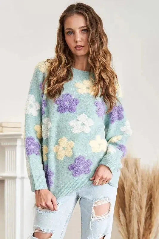 Floral 2-Tone Sweater: Chic Knitwear for Effortless Style and Versatility