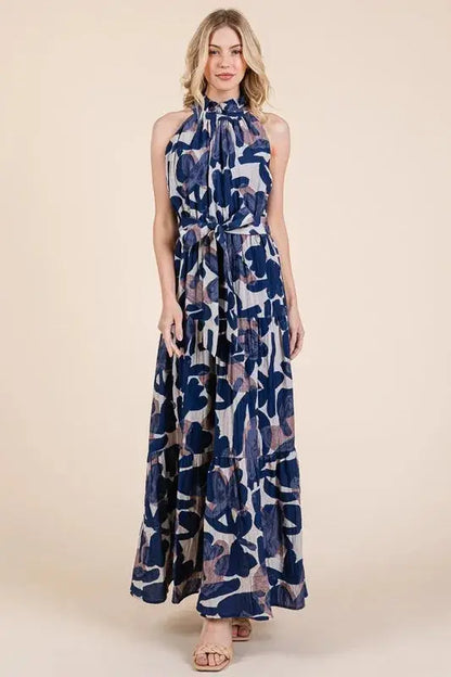 Abstract Halter Neck Tie-Waist Tiered Maxi Dress for Modern Elegance Jewelry Bubble