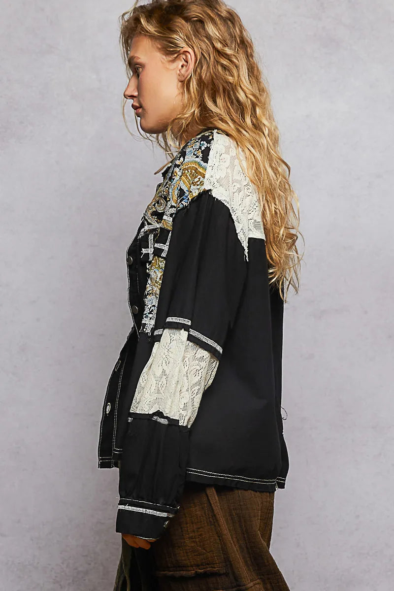 POL Printed Woven Mix Raw Hem Jacket with Lace Detail