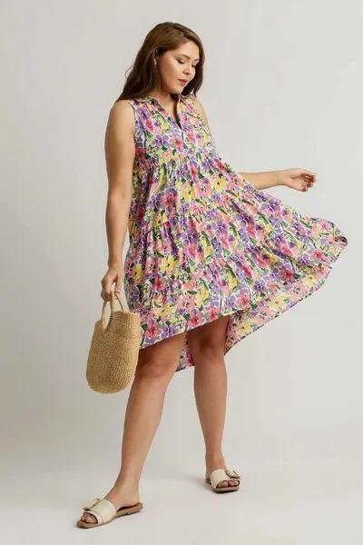 High-Low Hem Multicolor Floral Sleeveless Tiered Dress - Perfect for Summer Days