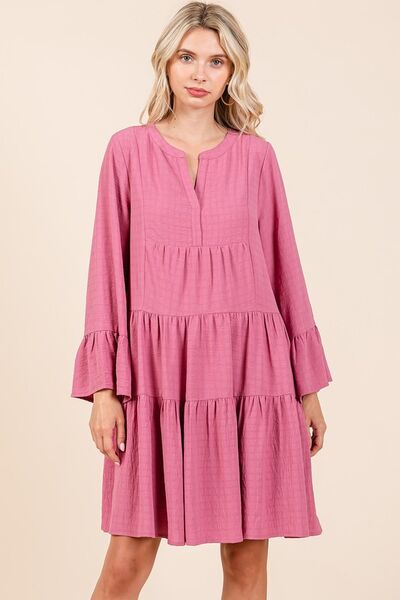 Rose Color Tiered Notched Flare Sleeve Dress Trendsi